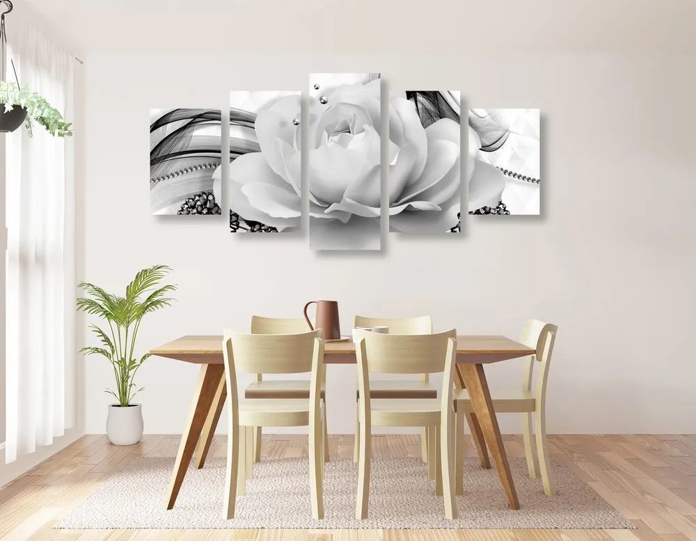 Quadri 5 pezzi – Rose lussuose in bianco e nero