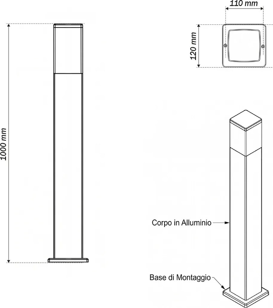 Paletto da Giardino 100cm Quadrato acciaio INOX Nero IP54 IK06 base E27