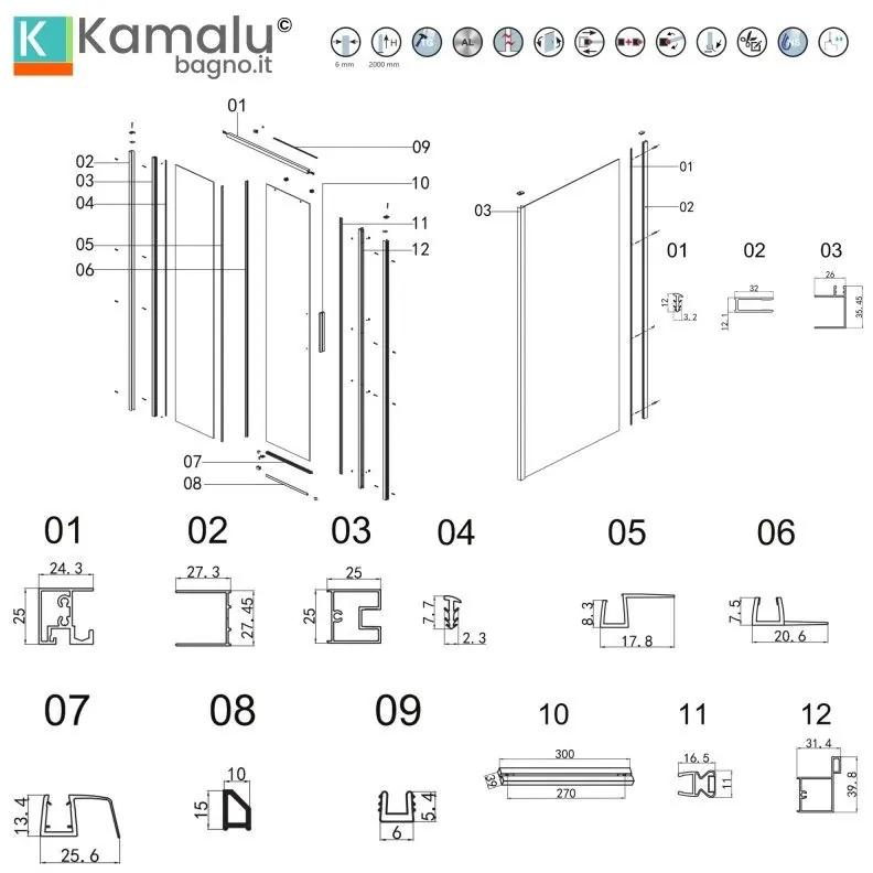 Kamalu - box doccia 70x100 scorrevole e fisso vetro 6mm altezza 200h | kla-4000c
