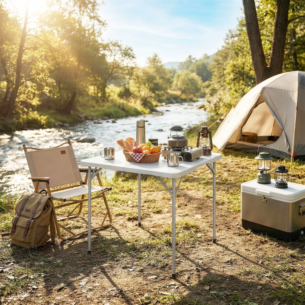 Tavolo da Campeggio Quadrato Pieghevole in Metallo e HDPE, 86x86x74 cm, Bianco...