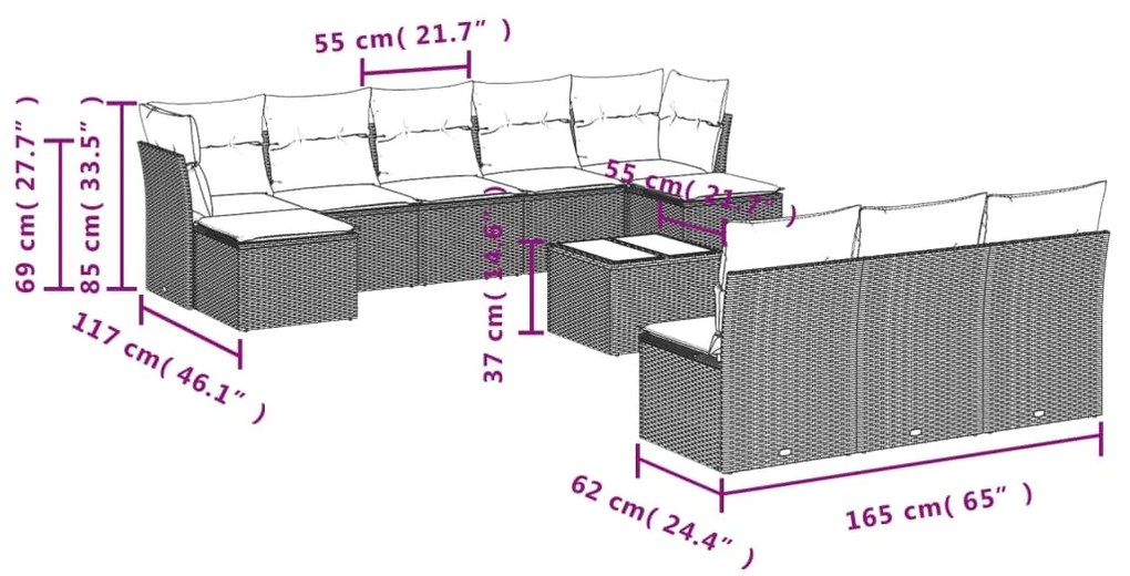 Set divani da giardino 11 pz con cuscini in polyrattan grigio