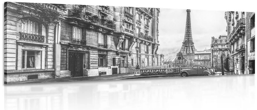 Stampa su tela – Vista sulla Torre Eiffel dalla strada di Parigi in bianco e nero