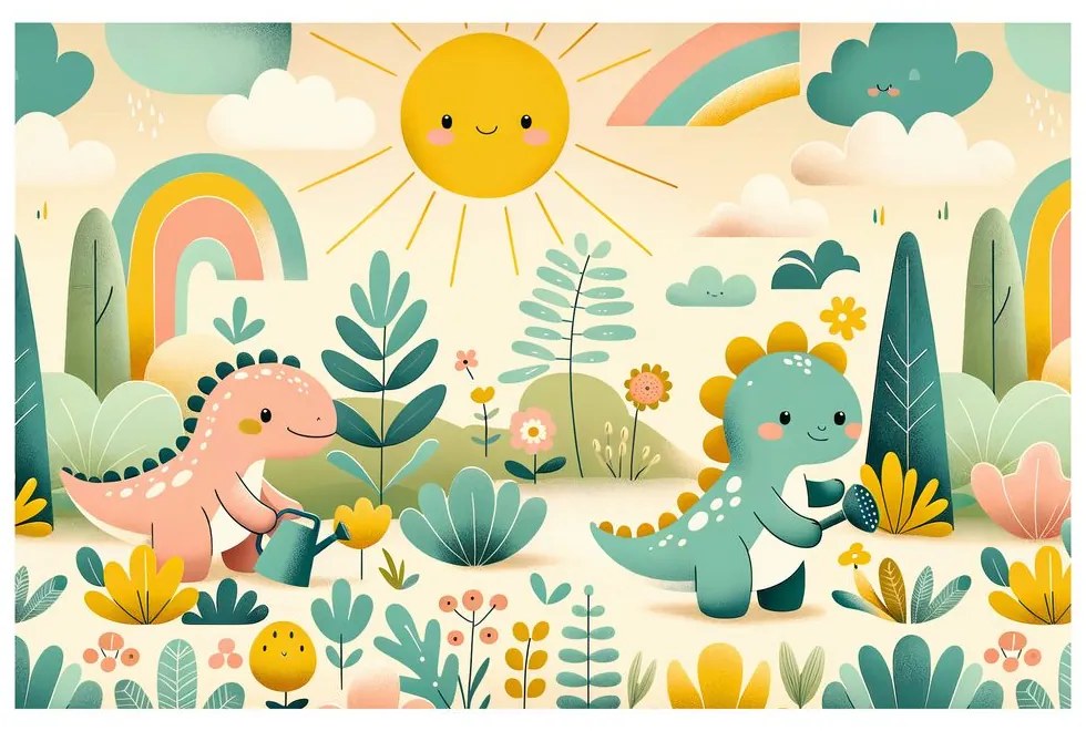 Quadro su tela – Giornata di gioco dei piccoli dinosauri nella natura