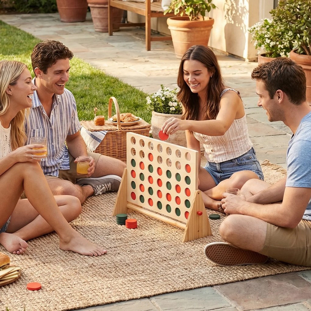 Costway Gioco 4 in linea con 42 pedine e cornice in legno di pino, Set gioco 4 in fila per famiglia per interni ed esterni