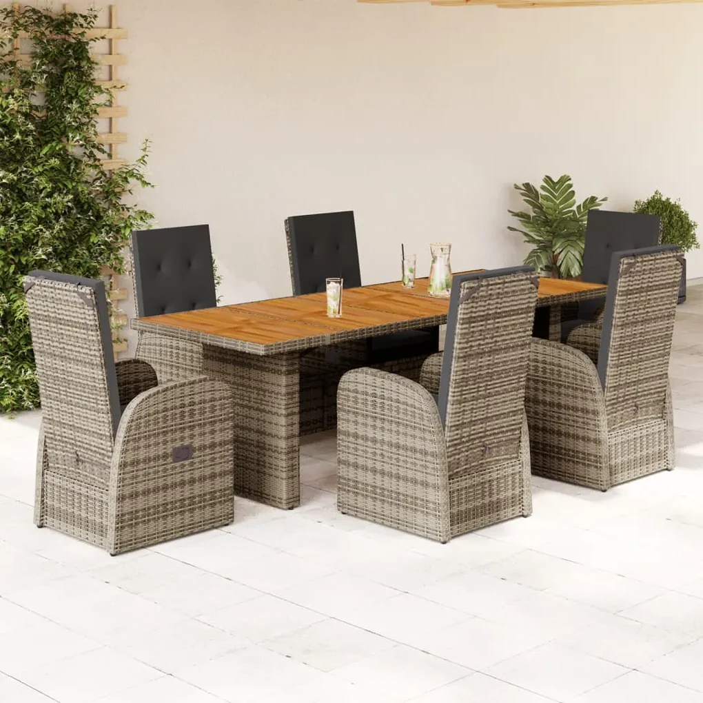 Set da pranzo da giardino 7 pz con cuscini in polyrattan grigio