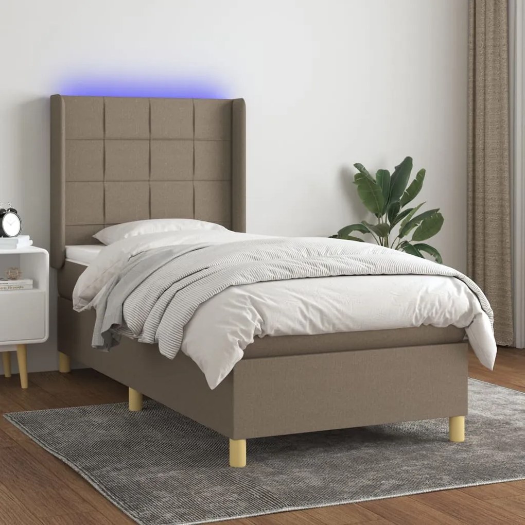 Letto a molle con materasso e led tortora 90x190 cm in tessuto