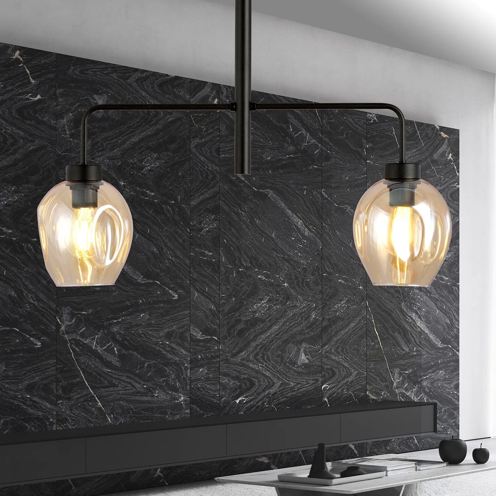 Lampadario Moderno 2 Luci Auriga In Accaio Nero E Vetro Ambra