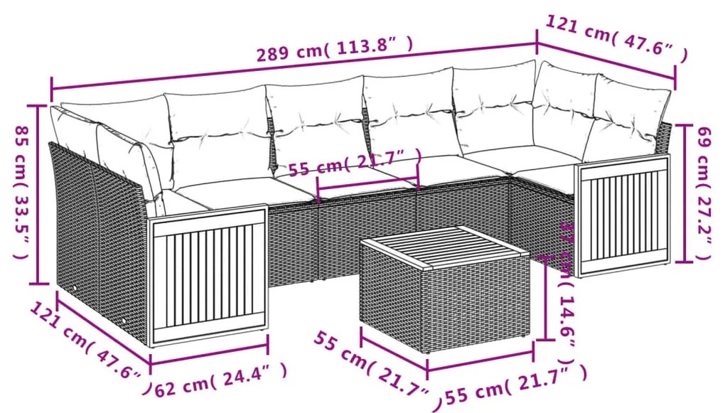 Set Divano da Giardino 8 pz con Cuscini Grigio in Polyrattan