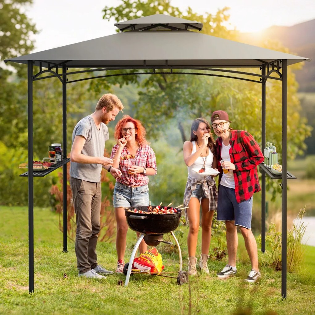 Costway Gazebo per griglia e pergolato per barbecue con doppio tetto, Tenda da esterno Grigio + Nero 242 x 150 cm