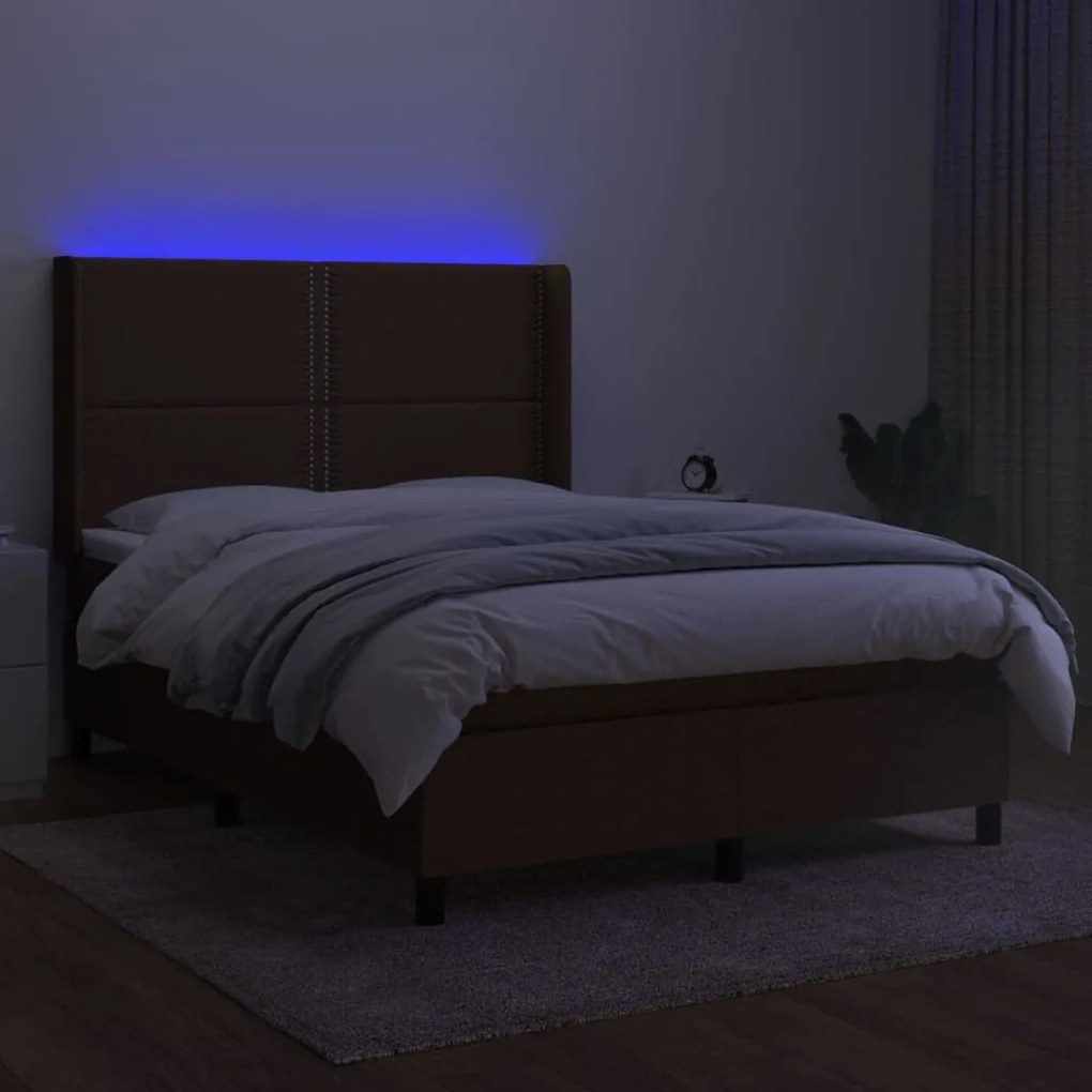 Letto a molle materasso e led marrone scuro 140x200 cm tessuto