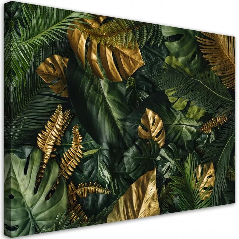 Quadro su tela, Foglie tropicali dorate  Dimensioni 100x70