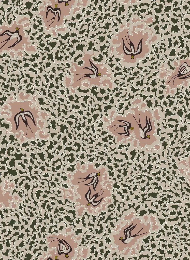 Josephine Munsey Carta da parati Bea's Swallows - Chaingate Green and Ham Pink
