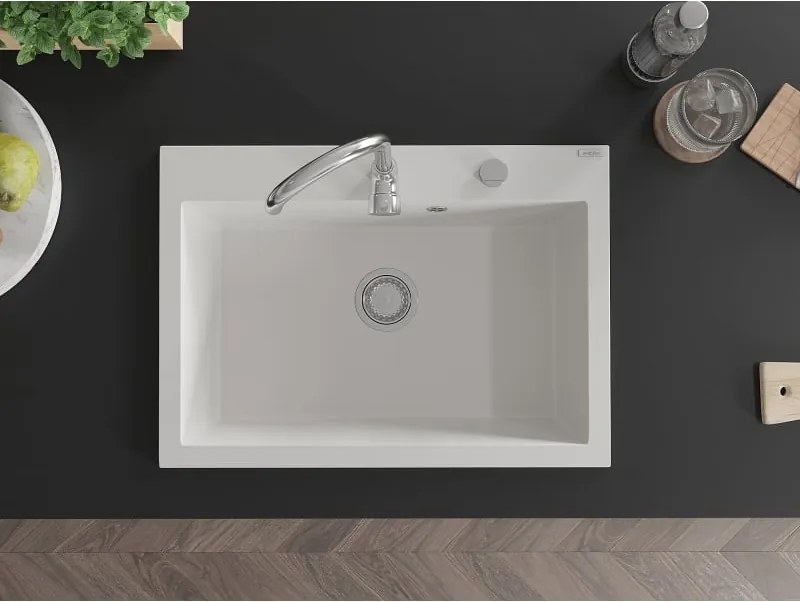 Mexen Elix lavello in granito 1-vasca 700 x 500 mm, bianco, sifone cromato - 6526701005-20