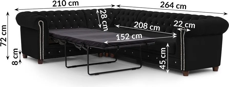 Divano angolare nero allungabile (con penisola a sinistra/a L) con rivestimento in velluto York Blik – Ropez