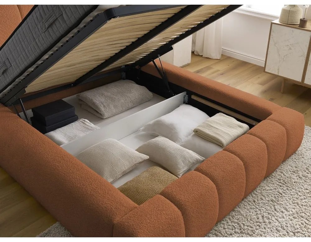Letto matrimoniale imbottito arancione contenitore e rete inclusi 180x200 cm Denali - Bobochic Paris