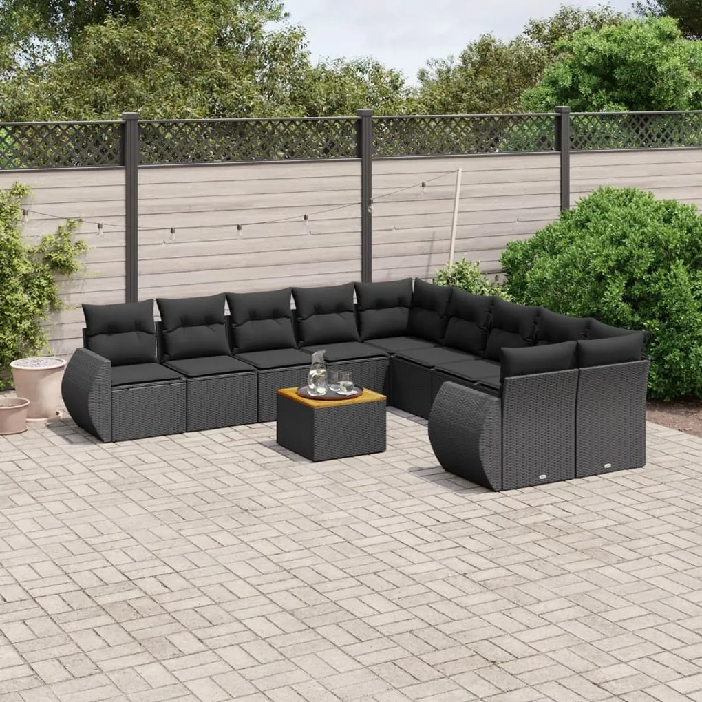 Set Divani da Giardino 11 pz con Cuscini in Polyrattan Nero