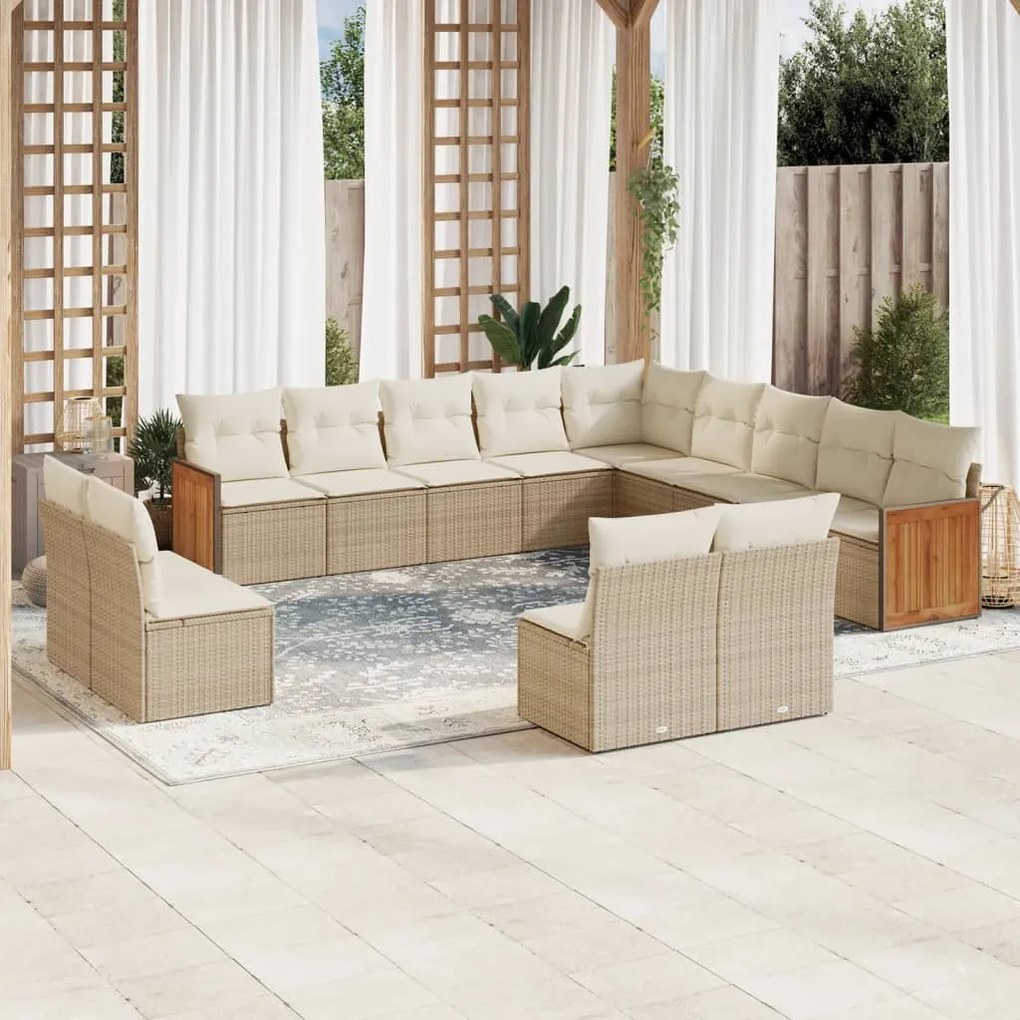 Set divano da giardino 13 pz con cuscini beige in polyrattan