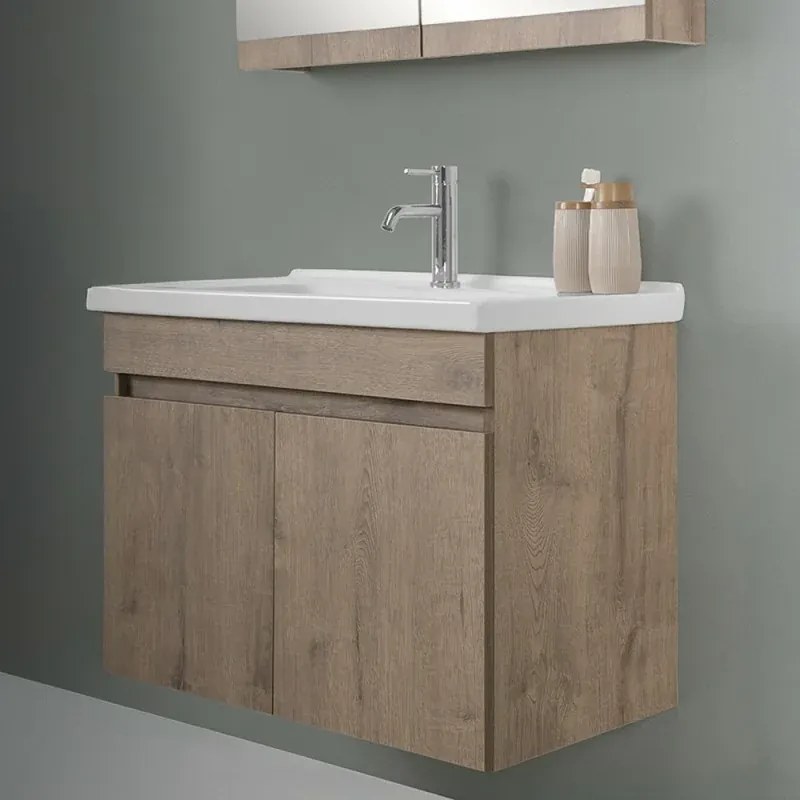 Mobile bagno sospeso 80 cm rovere scuro con specchio contenitore Mona