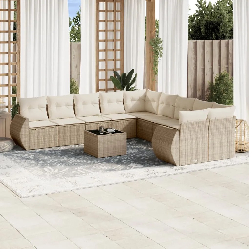 Set divani da giardino 11 pz con cuscini beige in polyrattan