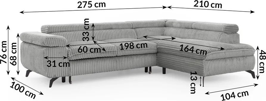 Divano angolare grigio chiaro (con penisola a destra/a L) con rivestimento in velluto a coste Marbeya – Ropez