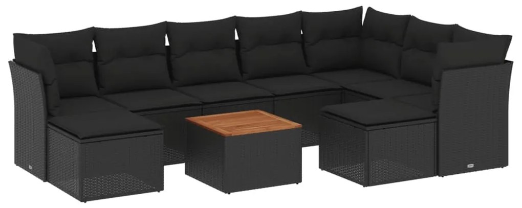 Set divani da giardino 10pz con cuscini in polyrattan nero