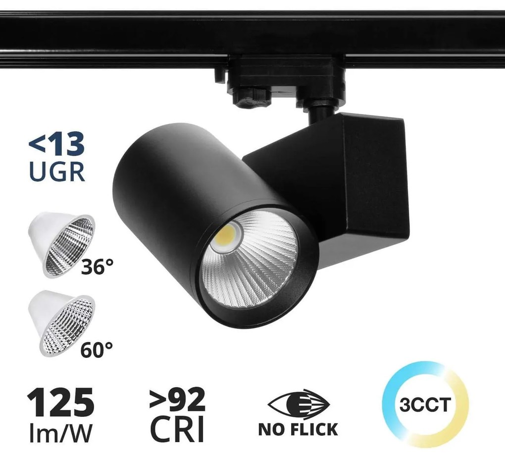 Faro LED 42W Binario Trifase CRI92 UGR13 36°/60° con driver Philips Nero Colore Bianco Variabile CCT