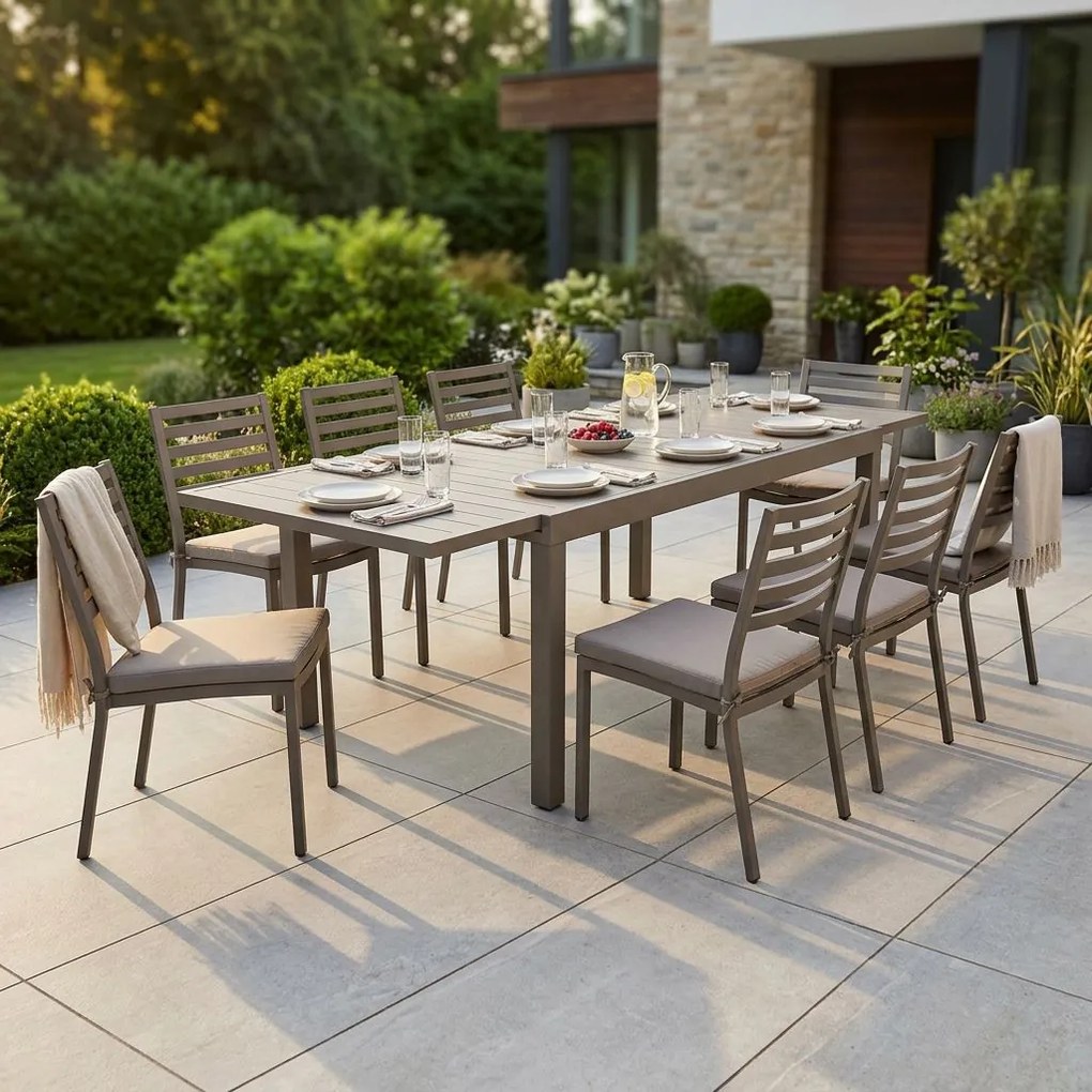 DEXTER - set tavolo in alluminio cm 200/300 x 100 x 74 h con 8 sedie Dexter