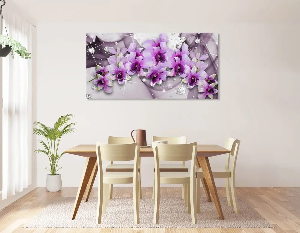 Quadro su tela – Fiori viola su sfondo astratto