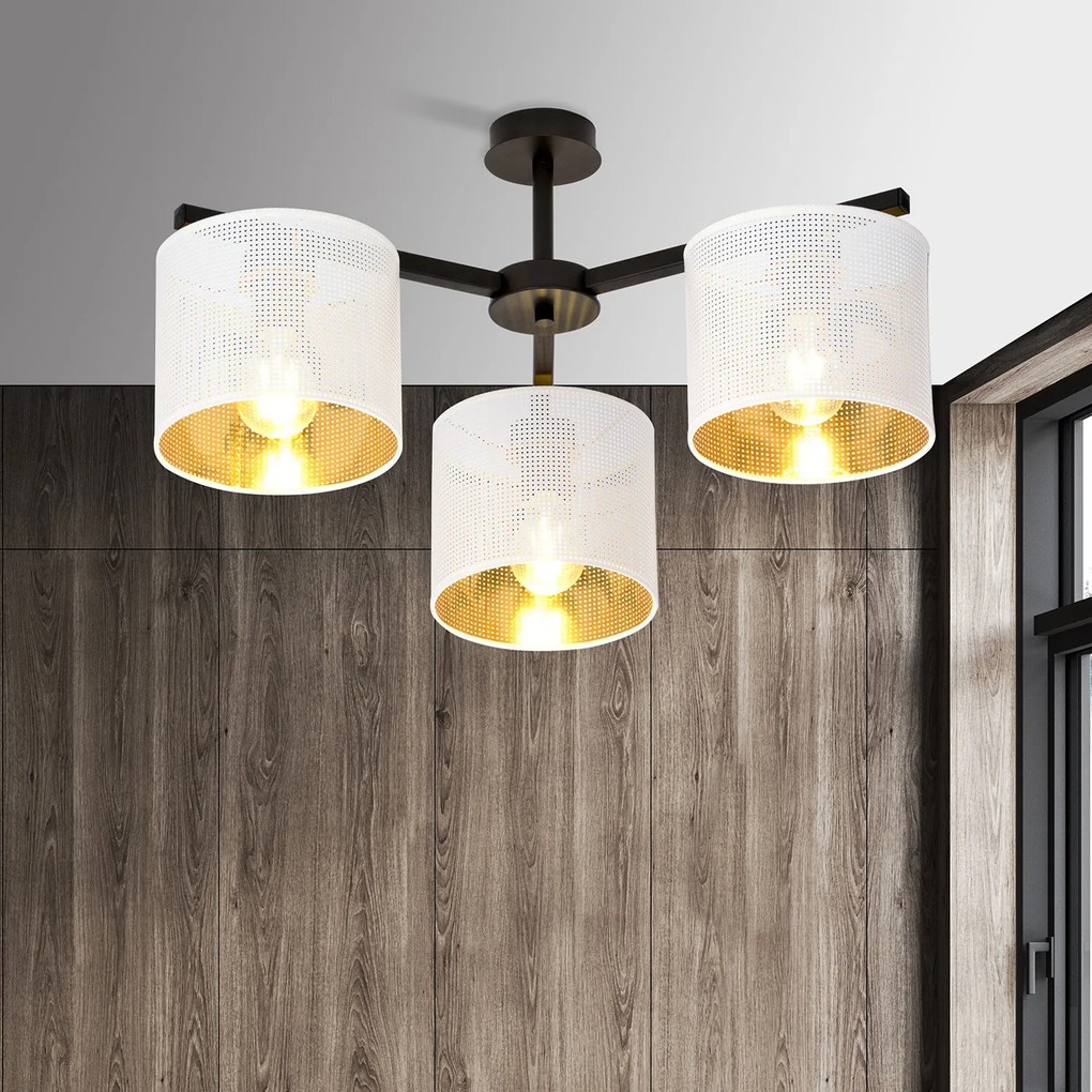 Plafoniera Industrial 3 Luci Cigno In Acciaio Bianco E Paralumi A Cilindro Oro