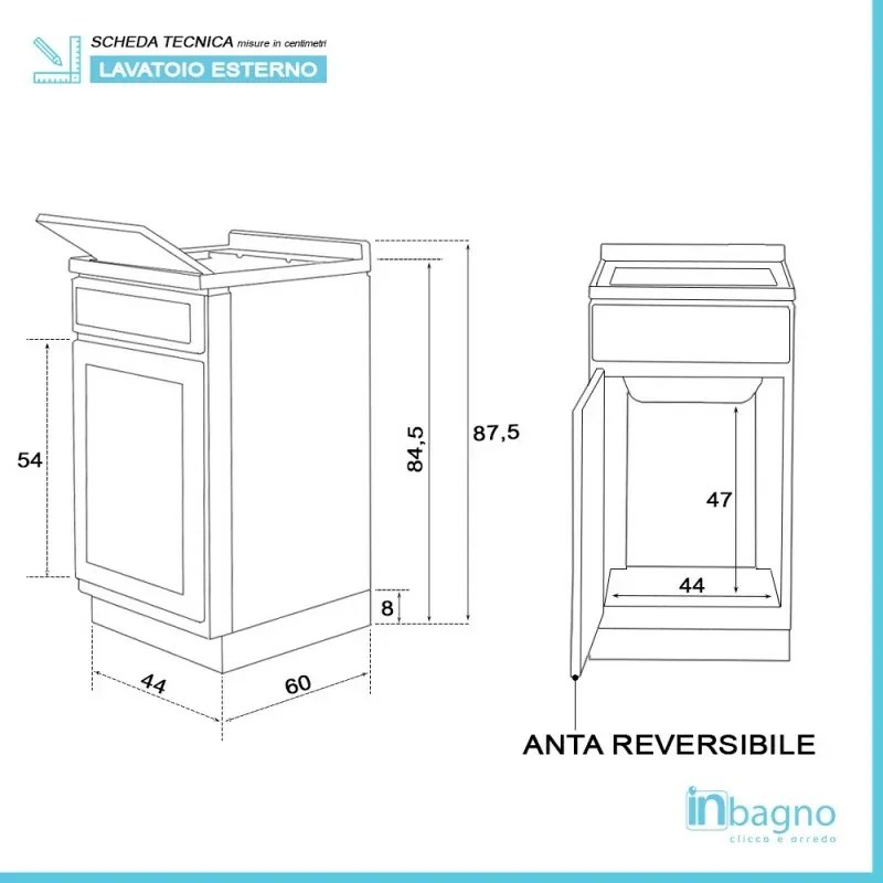 Mobile Lavatoio in Kit 45x60 cm con Vasca in Resina colore Bianco