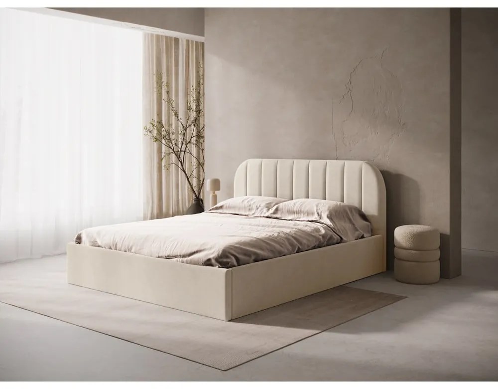 Letto matrimoniale imbottito marrone chiaro con contenitore/senza testiera con rete inclusa 160x200 cm Susan – Micadoni