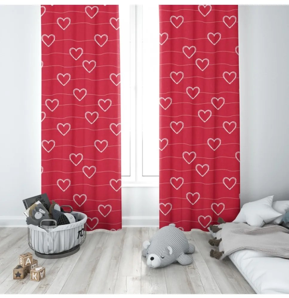 Tenda su anelli  140x250 cm rosso con cuori