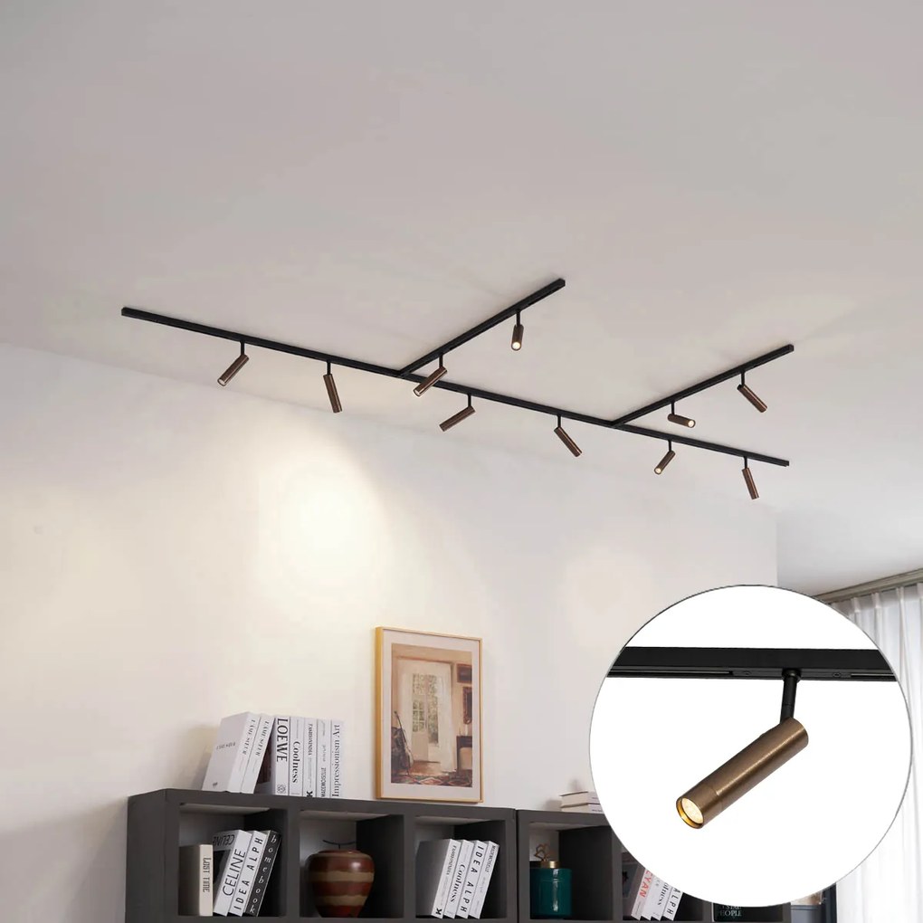 Sistema di illuminazione a binario moderno con 10 faretti bronzo scuro monofase - Slimline Uzzy