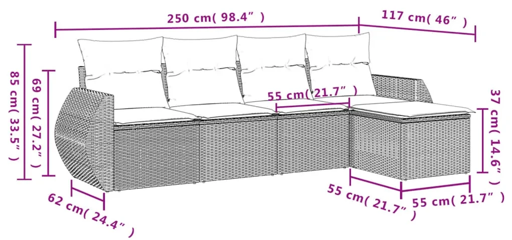 Set divano da giardino 5pz con cuscini grigio chiaro polyrattan