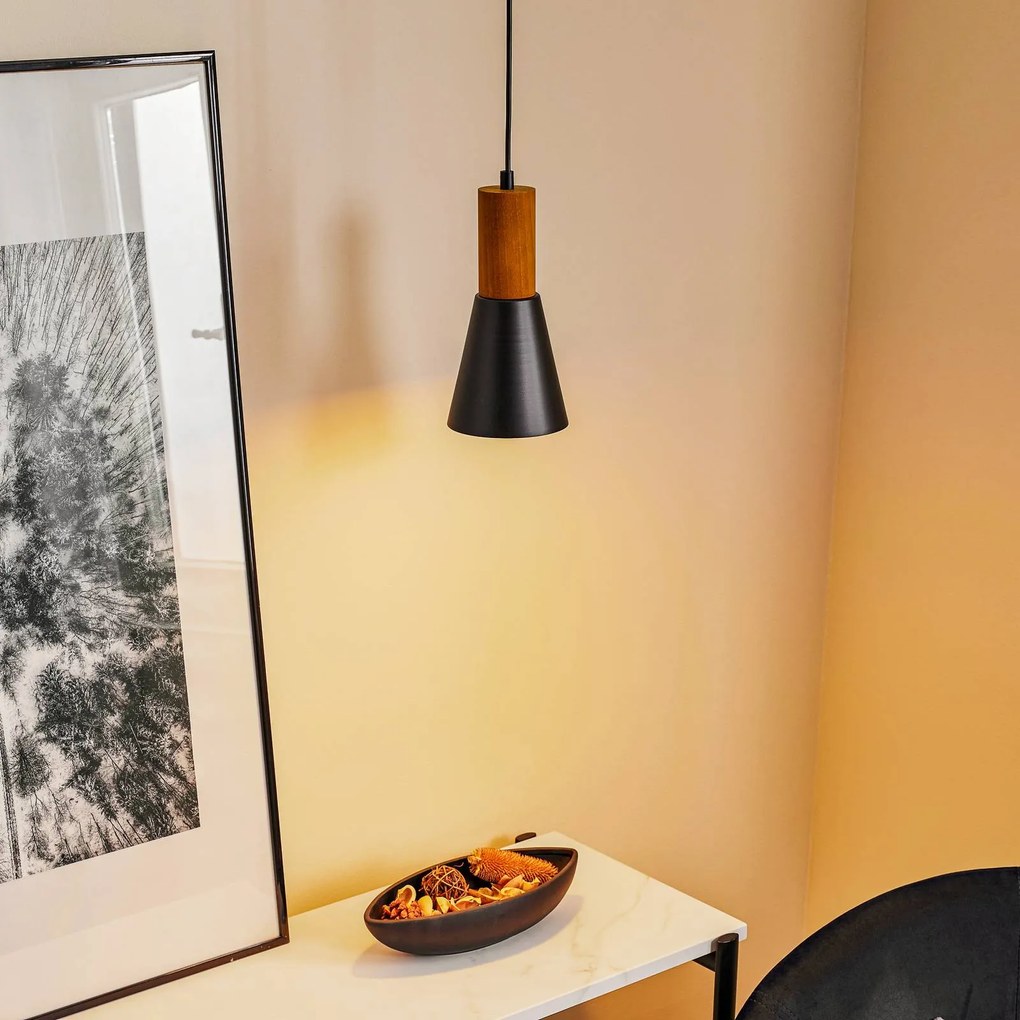 Luminex Lampada a sospensione Esma, nero, dettagli in legno, 1 luce