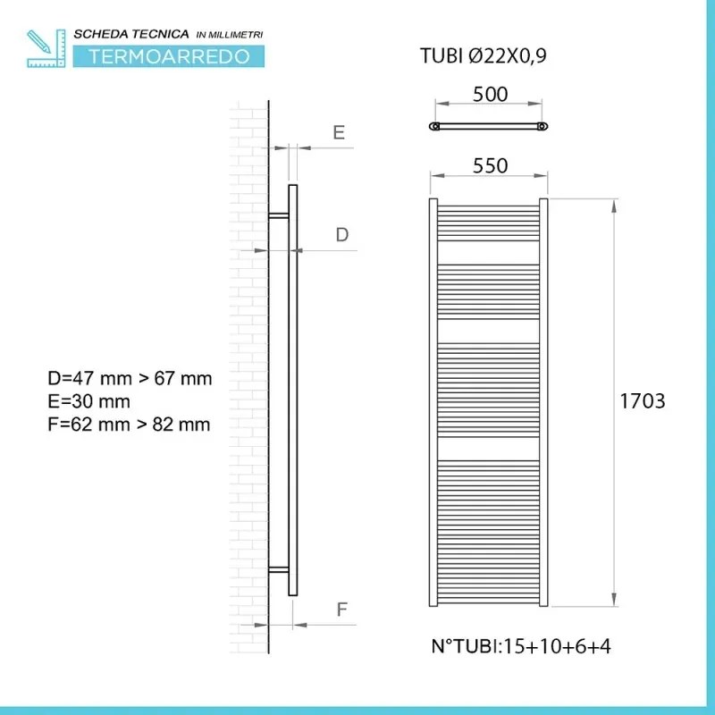 Scaldasalviette termoarredo bianco L 55x170 interasse 50 cm