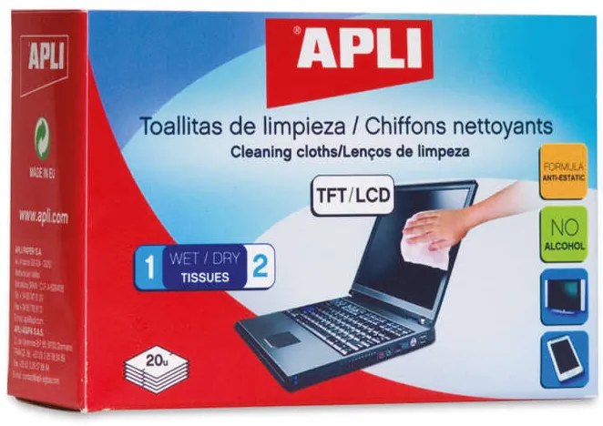 Apli Salviette per la Pulizia di Apparecchiature Elettroniche - Proprietà Antistatiche - Include 20 Buste con Salvietta Umida e Asciutta - Senza Alcol