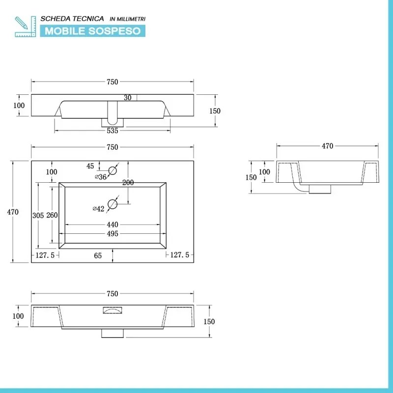 Mobile bagno a terra 75 cm nero con lavabo bianco e specchio Kubic