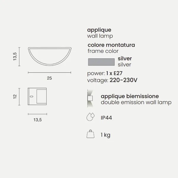 Lampada applique per esterni FABIUS a doppia emissione in alluminio SILVER