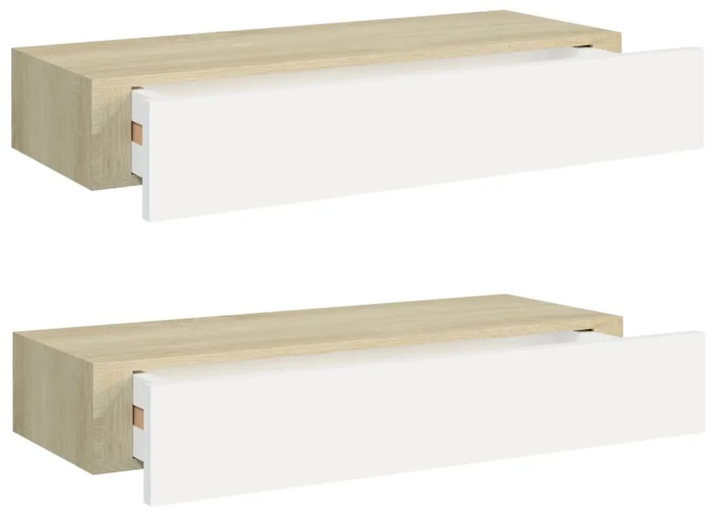Scaffali a muro con cassetti 2pz bianco rovere 60x23,5x10cm mdf