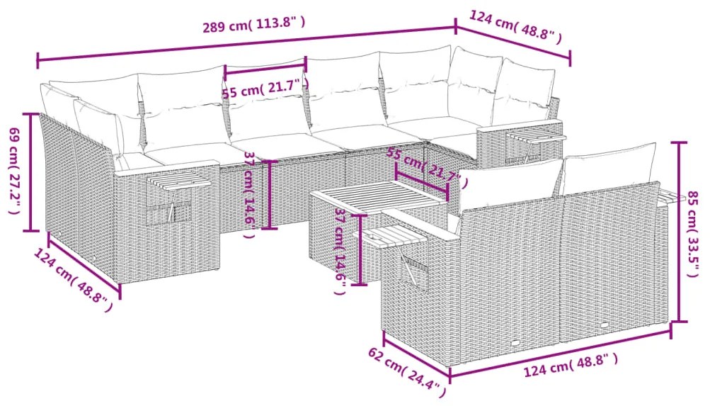 Set Divani da Giardino 10pz con Cuscini in Polyrattan Nero