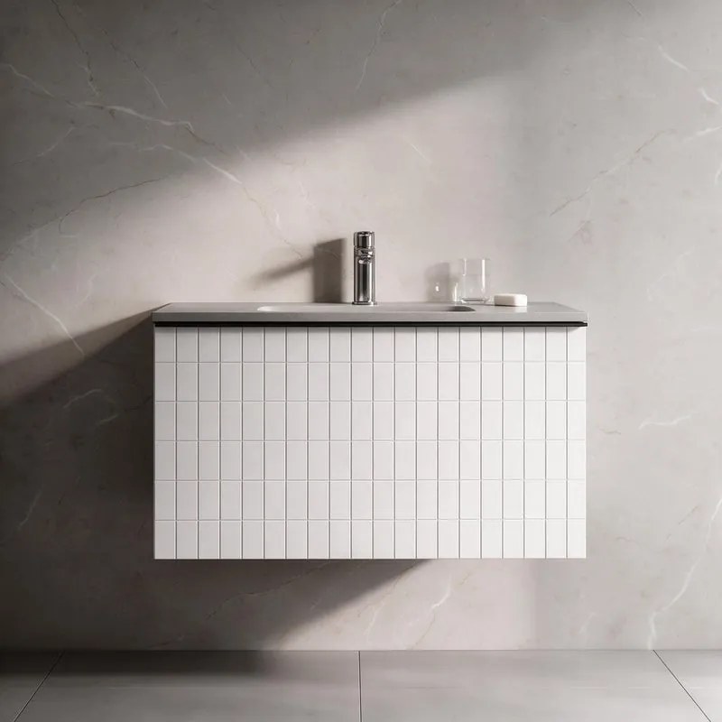 Mobile da bagno sospeso sotto lavabo Pixel grid 1 cassetto L 60 x H 40 x P 45.5 cm bianco laccato opaco, con maniglia alluminio nero opaco