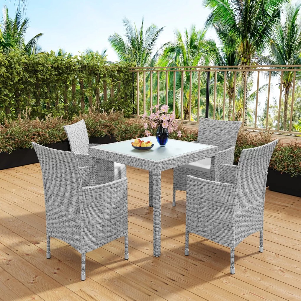 Set Di 4 Sedie Impilabili E 1 Tavolo Quadrato Con Ripiano In Vetro Mobili da Giardino Salotto Salottino in Rattan 4 Posti Per Terrazzo Balcone Esterno Piscina Cuscini Sfoderabili Colore Grigio Beige