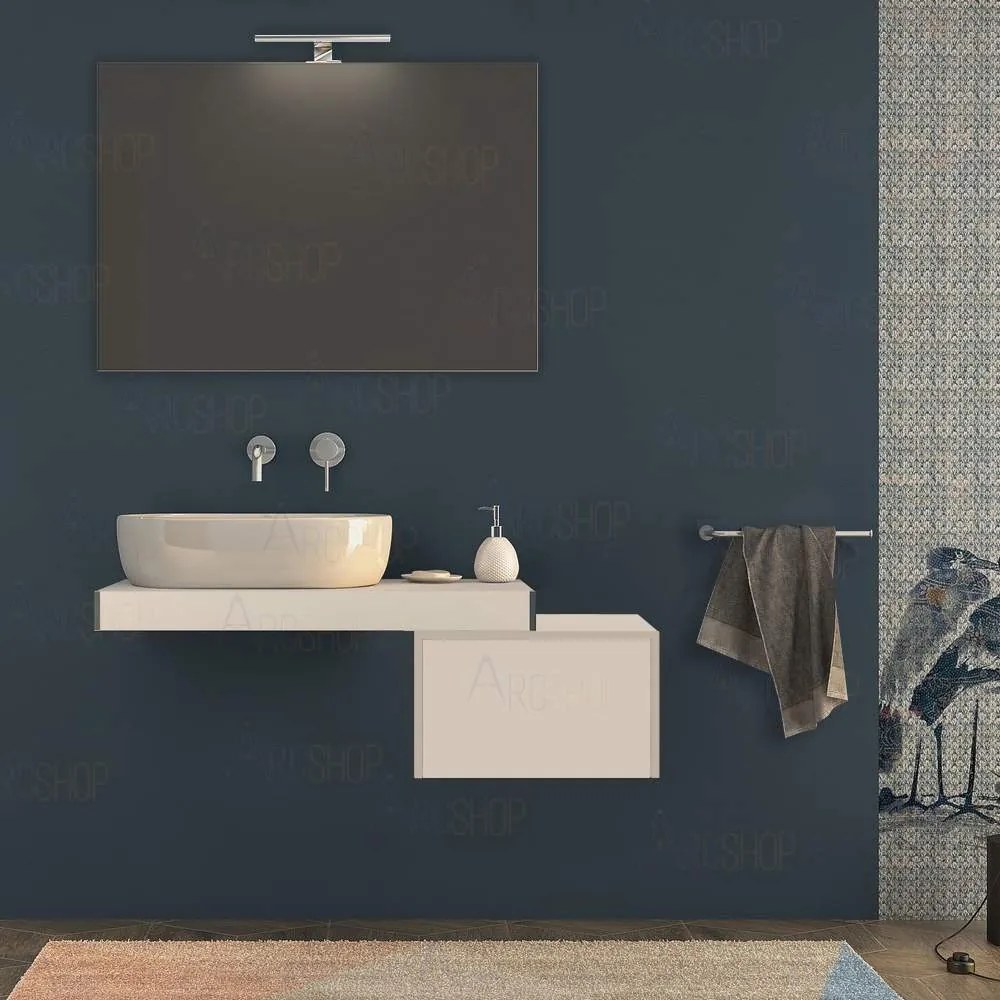 Mensolone bagno 90 cm Bianco opaco con cassetto 50 cm specchio e lampada kit di fissaggio incluso