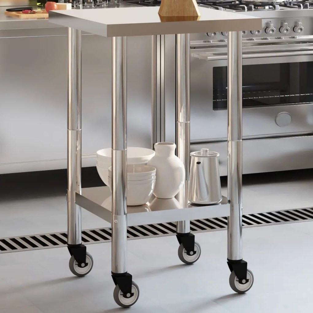 Tavolo Da Lavoro Cucina Con Ruote 55x55x85 Cm İn Acciaio Inox /