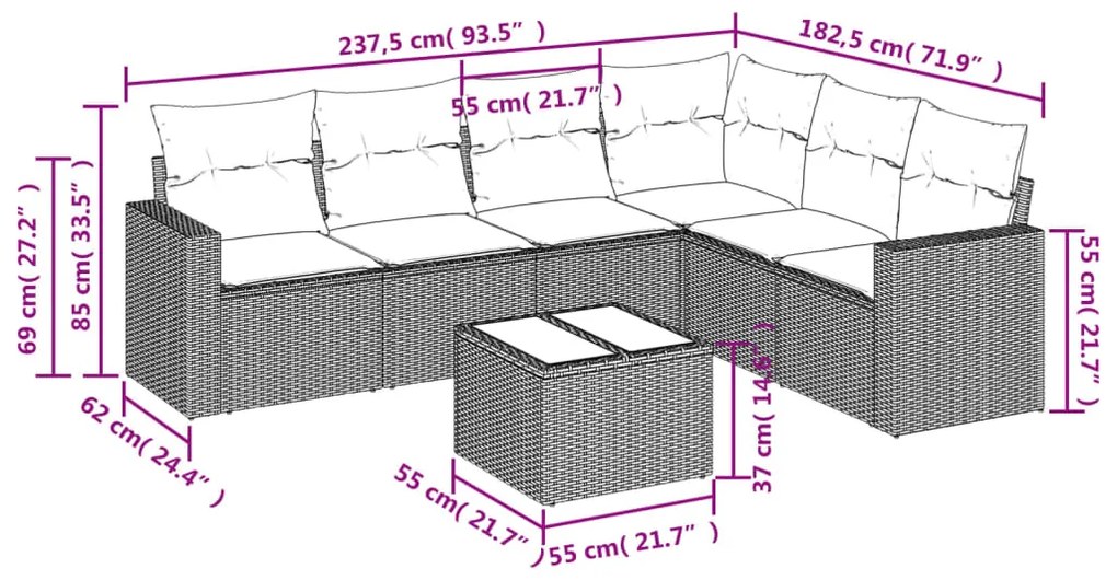 Set divani da giardino 7pz con cuscini grigio chiaro polyrattan