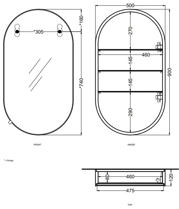 Cielo I Catini specchio contenitore 50x90 ovale con mensole in vetro e struttura in legno nero matt