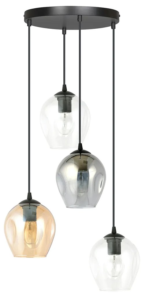 Lampadario 4 Luci Fuxi Base Tonda Acciaio Nero E Vetri Ambra Trasparente E Fumè