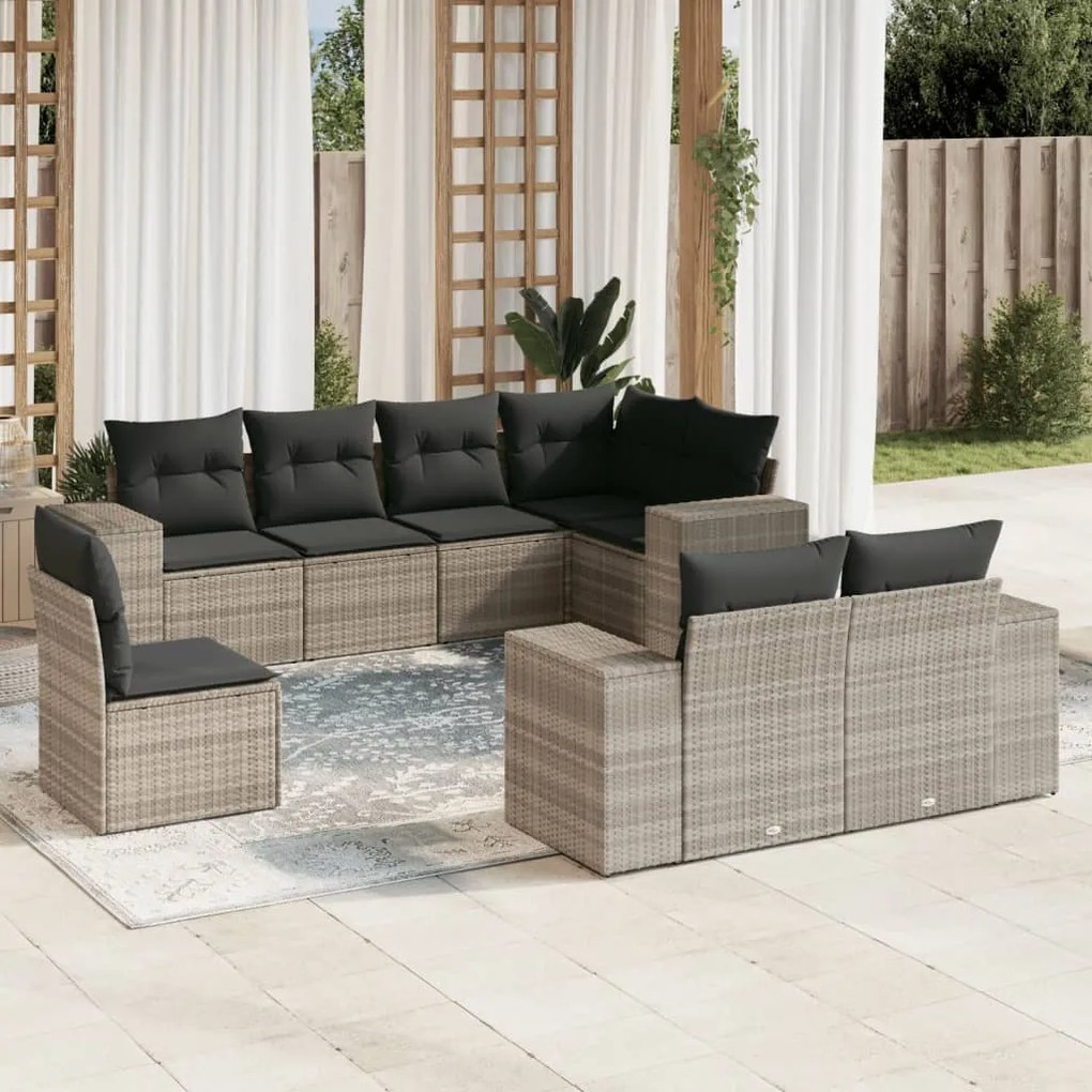 Set divano da giardino 8pz con cuscini grigio chiaro polyrattan