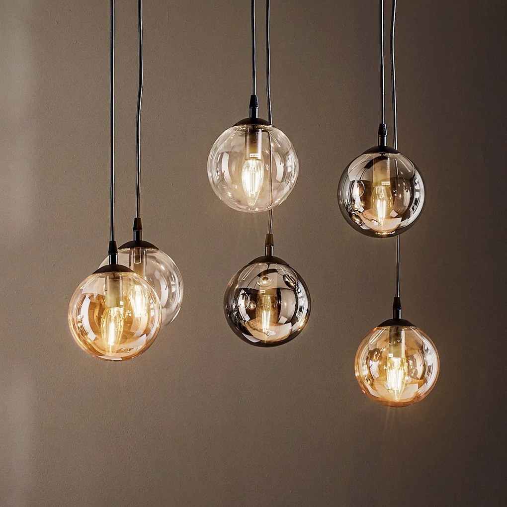 EMIBIG LIGHTING Lampada a sospensione Glassy, a 6 luci, grafite/ambra/trasparente, vetro, 75 cm